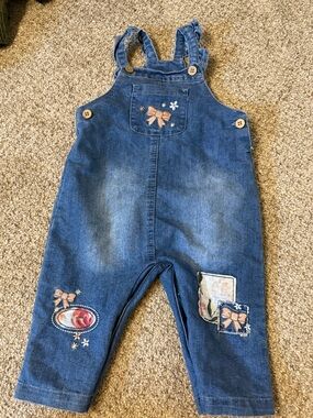 Denim Blue Toddler Overalls with Bow Embroidery 12-18 months